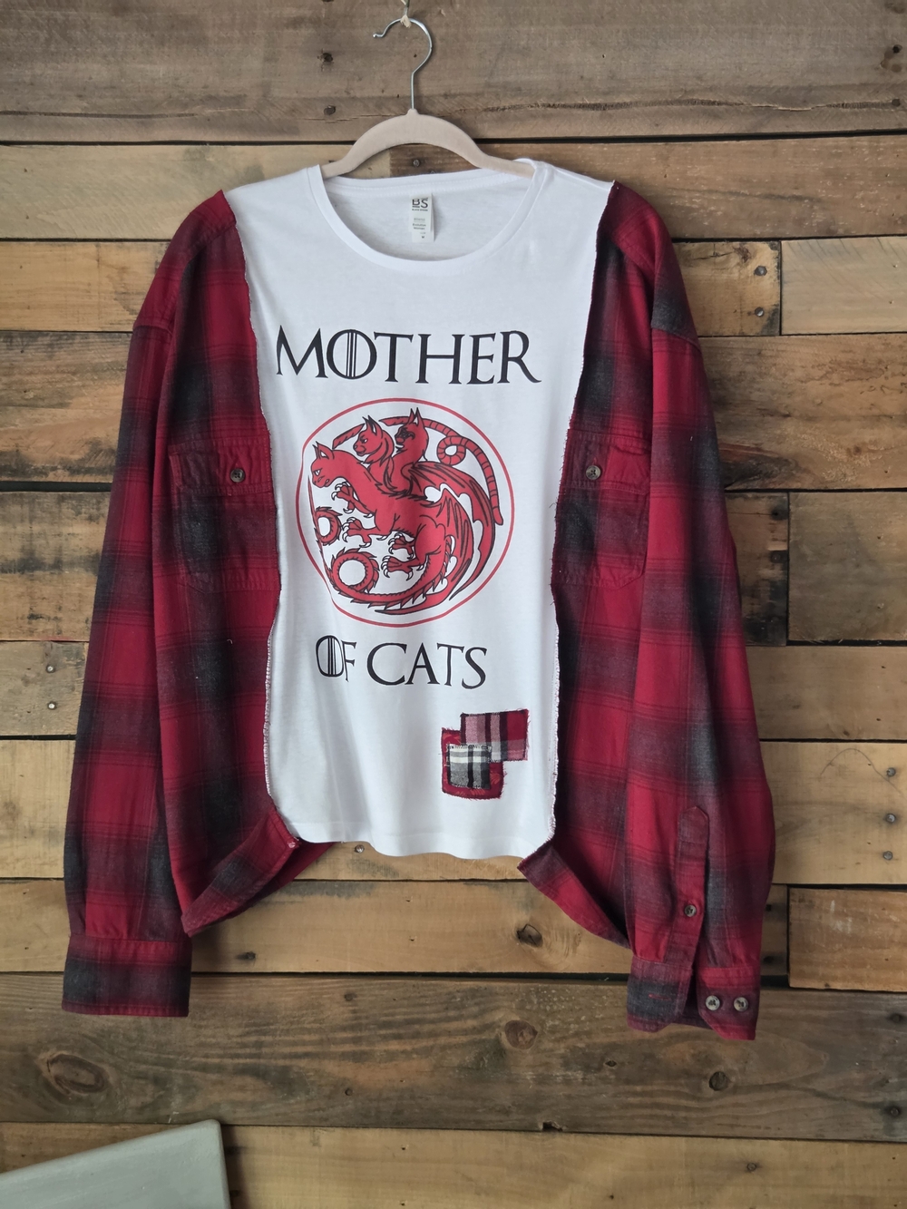 Upcycled Mother of Cats Graphic Tee with Red Plaid Layered Look